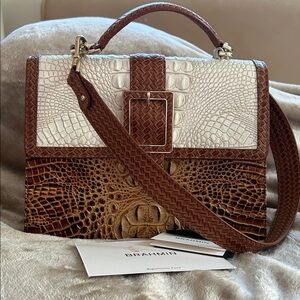 Brahmin Tan and Cream Embossed Leather Satchel